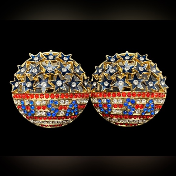 USA star Red White Blue Rhinestone US Flag Clip On Earrings - Picture 1 of 4